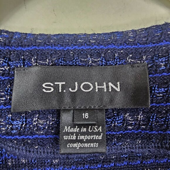 St. John Santana Knit Tweed Jacket Sz 16 Leather Pockets Office Formal Old Money - Picture 8 of 12
